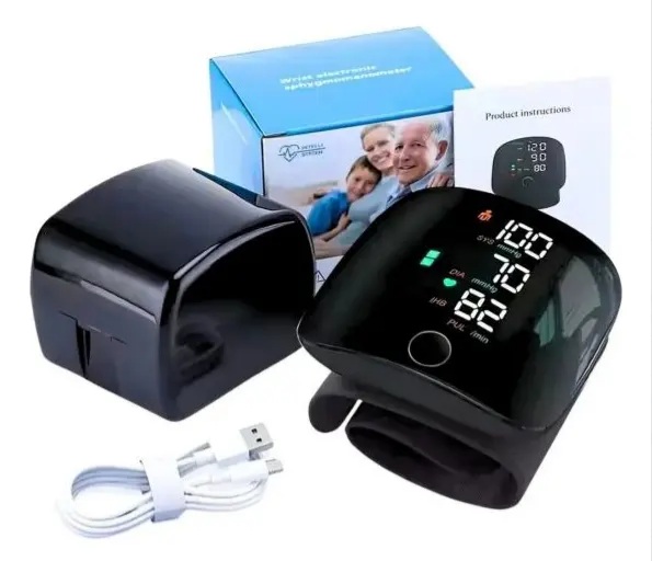 Tensiómetro negro de muñeca con pantalla curva, estuche y cable USB