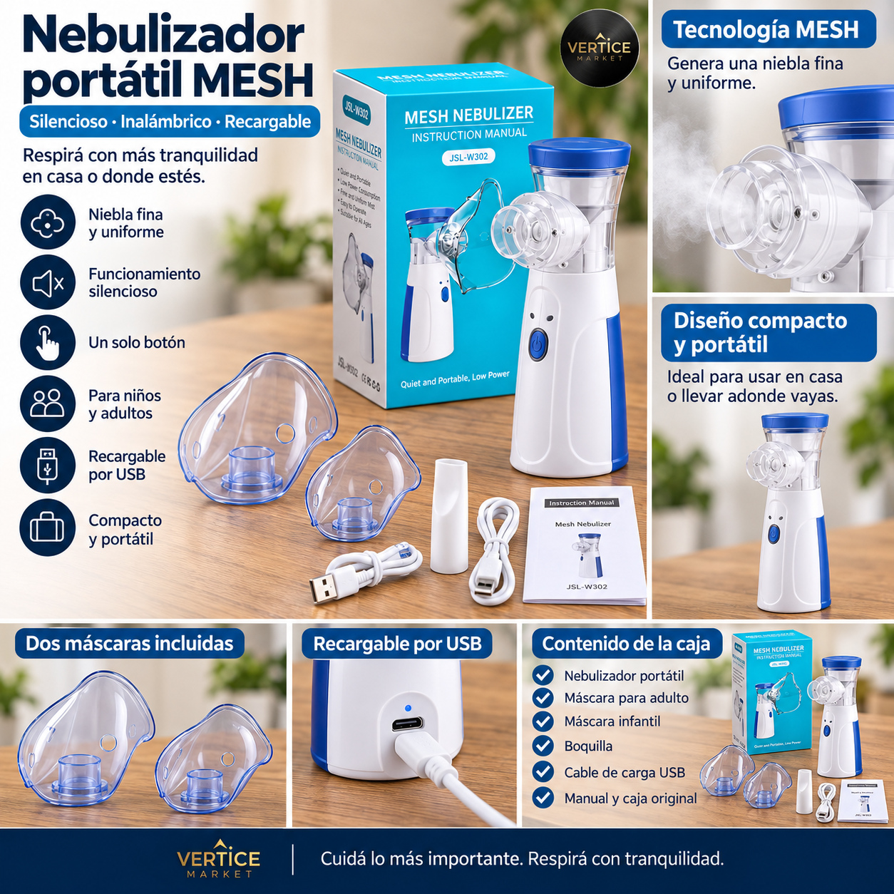 Ficha del nebulizador portátil MESH JSL-W302: tecnología MESH, funcionamiento silencioso, un solo botón, para niños y adultos, recargable por USB, compacto y portátil, con dos máscaras, boquilla, cable USB, manual y caja