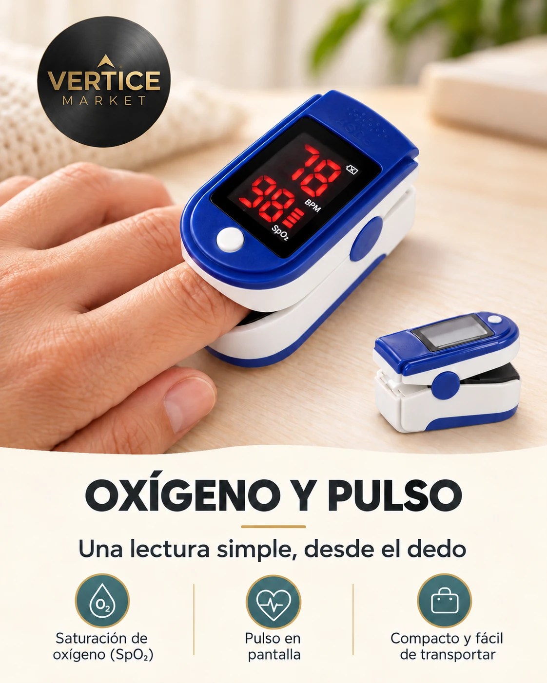 Cartilla del oxímetro azul y blanco: saturación de oxígeno SpO₂ y pulso desde el dedo, compacto y fácil de transportar