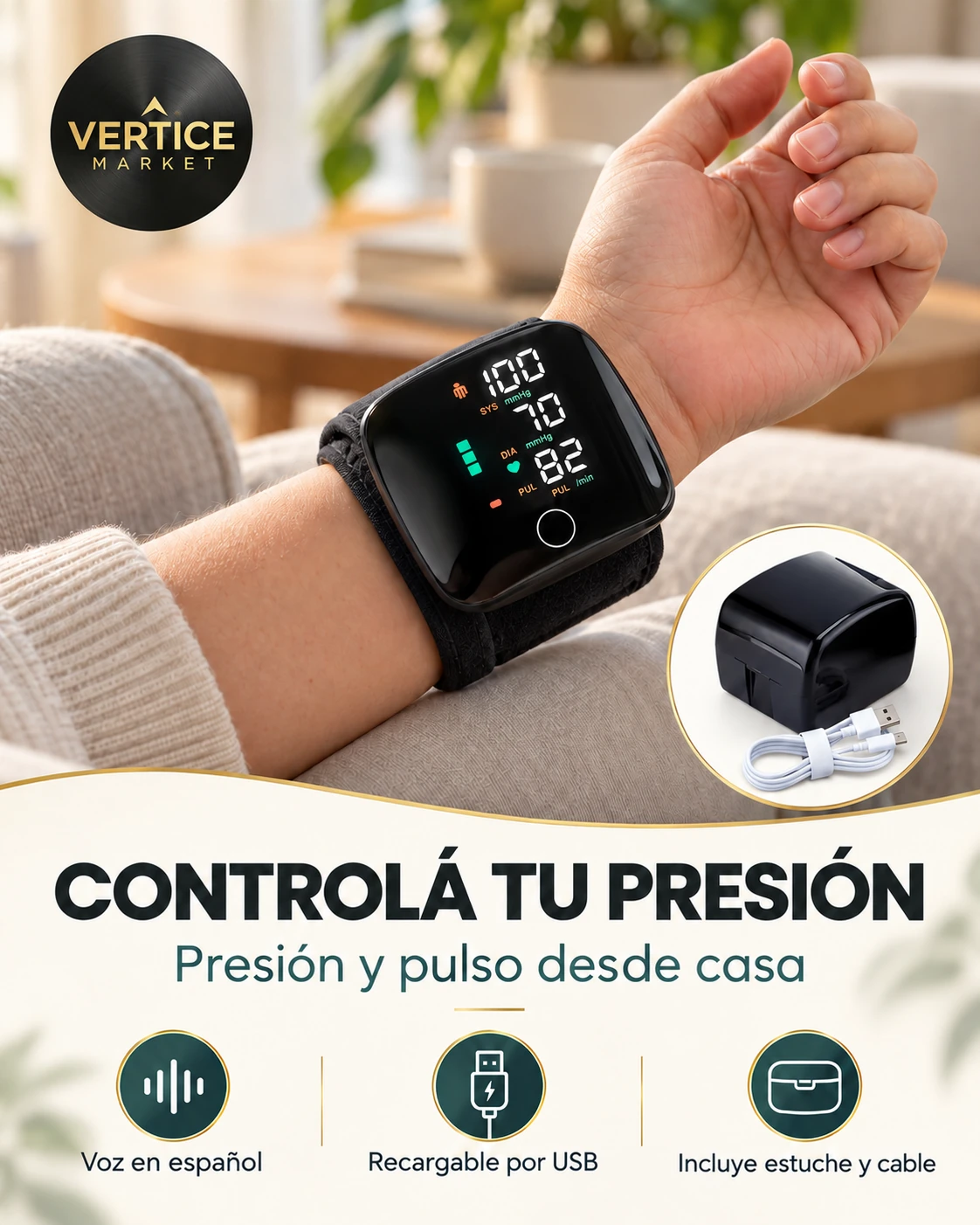 Cartilla del tensiómetro negro curvo: presión y pulso, voz en español, recargable por USB, estuche y cable incluidos