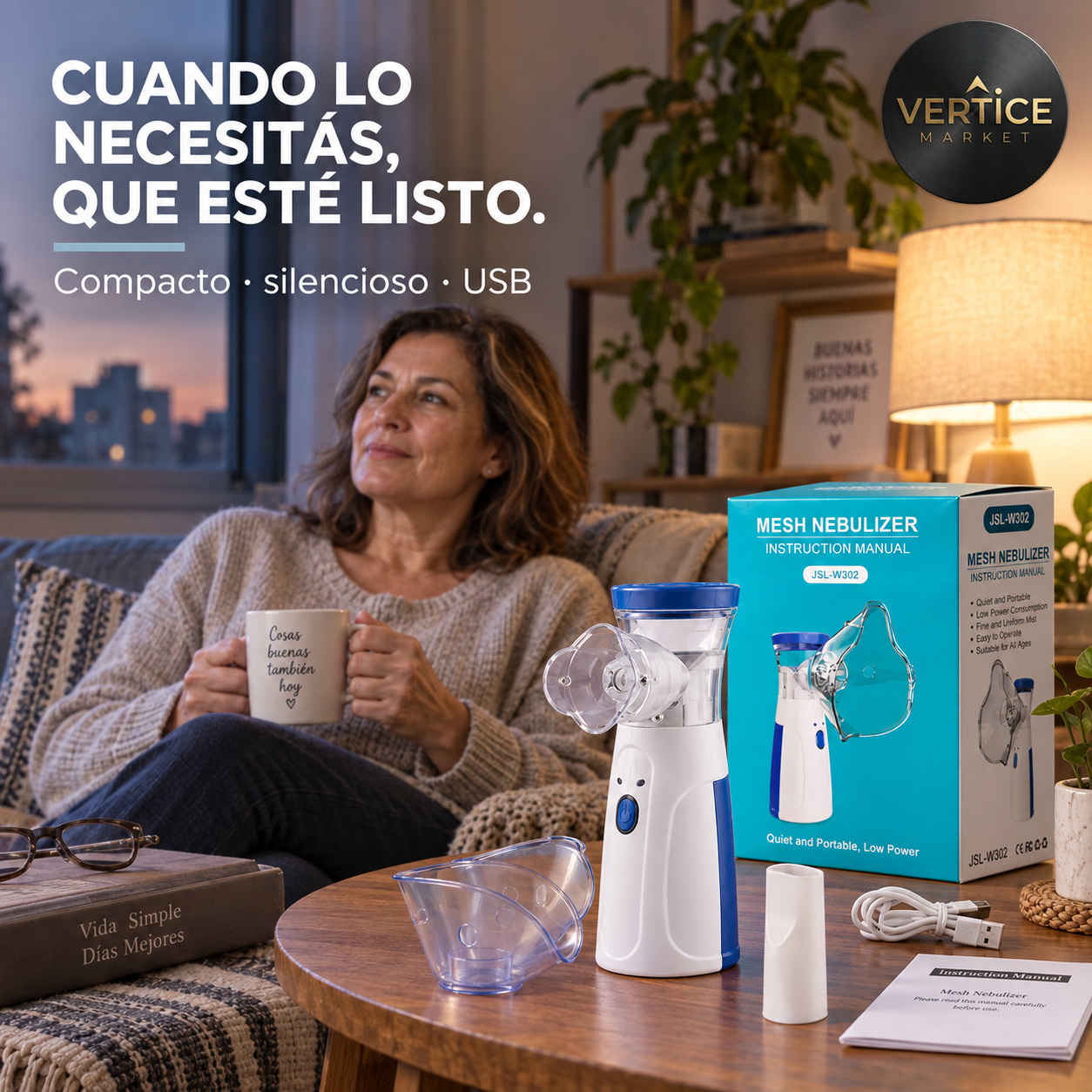 Mujer adulta en su living con el nebulizador MESH JSL-W302 sobre la mesa