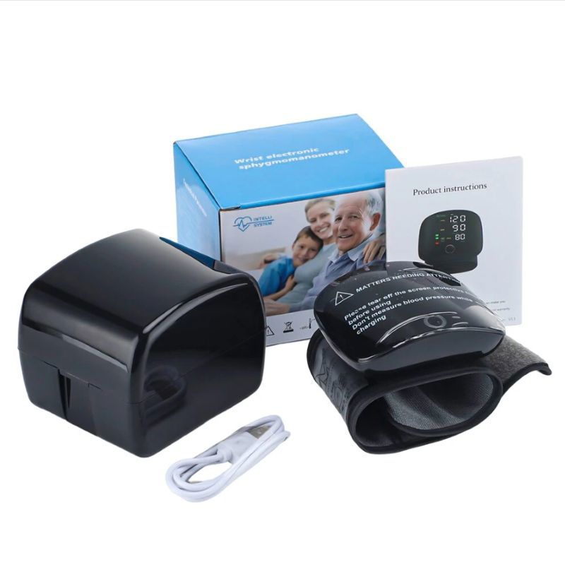 Tensiómetro de muñeca con su estuche rígido, caja original, manual y cable de carga