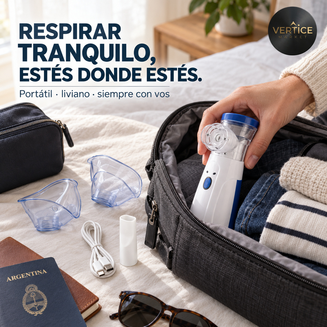 Nebulizador MESH JSL-W302 guardado en un bolso de viaje junto al cable USB y las máscaras