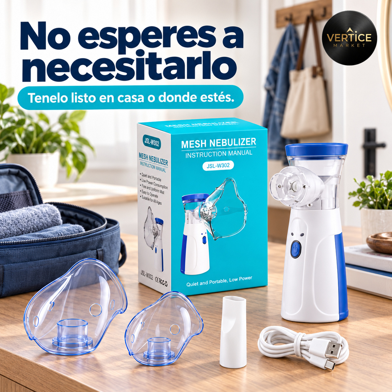 Nebulizador MESH JSL-W302 con su caja, dos máscaras, boquilla y cable USB listo para usar en casa