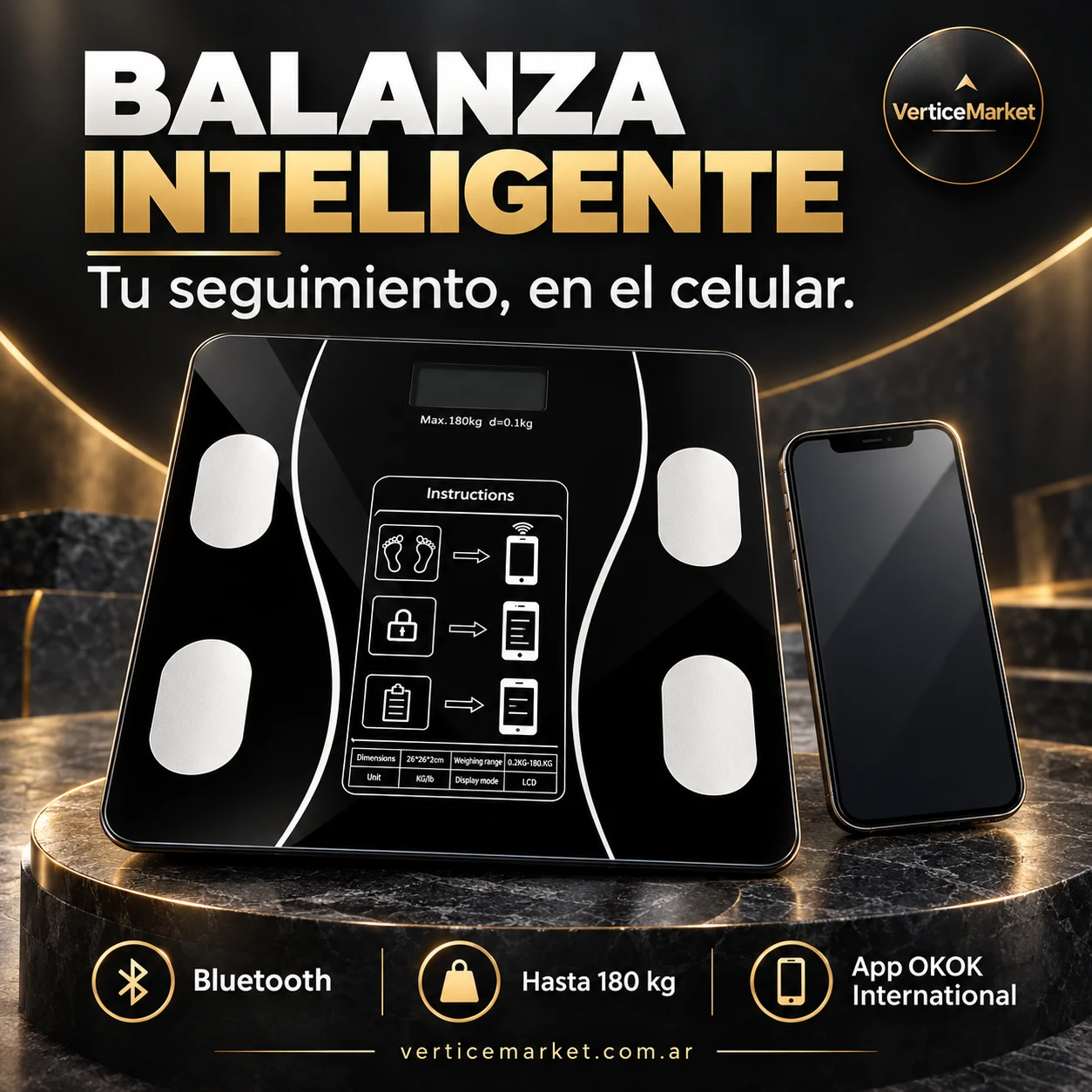 Balanza digital inteligente MELECH-196 de vidrio negro