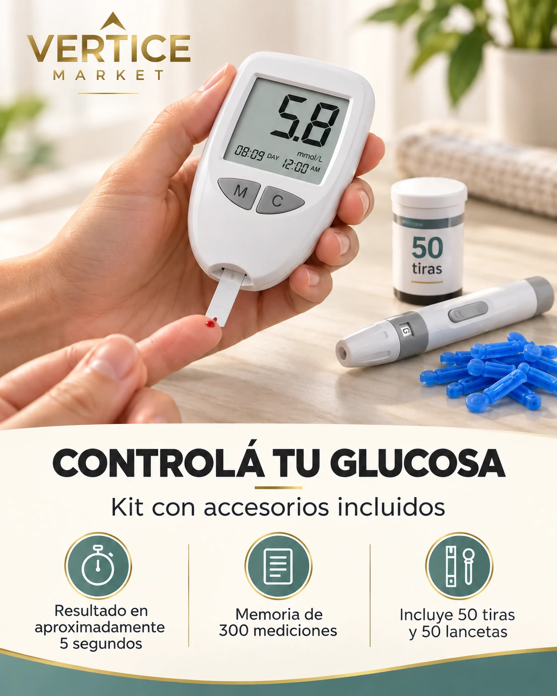 Cartilla del glucómetro blanco: resultado en aproximadamente 5 segundos, memoria de 300 mediciones, 50 tiras y 50 lancetas incluidas